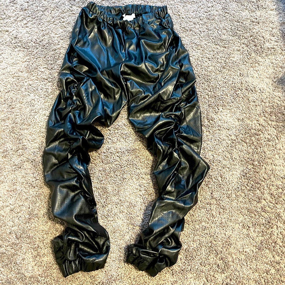 Vibrant M Black Faux Leather Ruched Joggers
